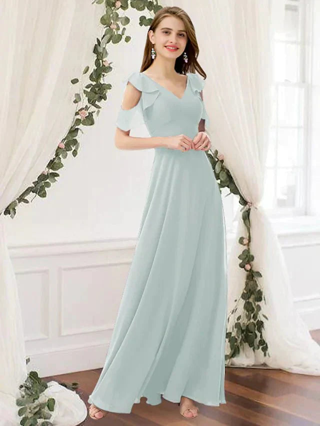 A-Line Bridesmaid Dress V Neck Sleeveless Elegant Floor Length Chiffon with Pleats / Ruffles - luodilan