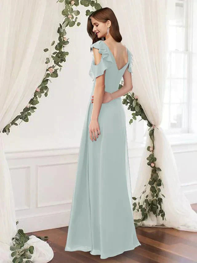 A-Line Bridesmaid Dress V Neck Sleeveless Elegant Floor Length Chiffon with Pleats / Ruffles - luodilan