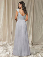 A-Line Bridesmaid Dress V Neck Sleeveless Elegant Floor Length Lace / Tulle with Pleats / Appliques - luodilan