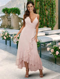 A-Line Bridesmaid Dress V Neck / Spaghetti Strap Sleeveless Sexy Asymmetrical / Tea Length Chiffon with Cascading Ruffles / Solid Color - luolandi