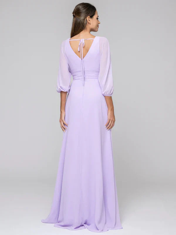 3/4 Lantern Sleeve V Neck Chiffon A Line Bridesmaid Dresses