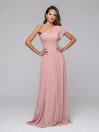 A Line One Shoulder Chiffon Flutter Sleeve Bridesmaid Dresses