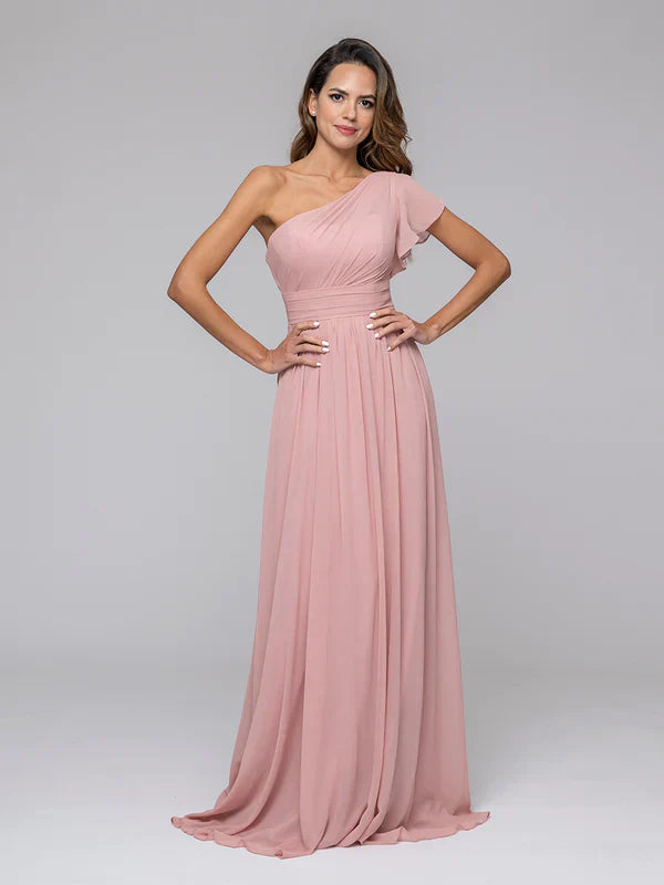 A Line One Shoulder Chiffon Flutter Sleeve Bridesmaid Dresses