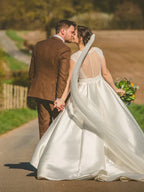 Elegant A Line V Neck Applique Wedding Dress With Chapel Train For Modern Brides