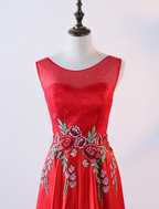 A-Line Evening Gown Elegant Dress Prom Floor Length Sleeveless Jewel Neck Satin with Embroidery Appliques