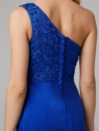 Elegant Dress Holiday Floor Length Sleeveless One Shoulder Lace Over Tulle with