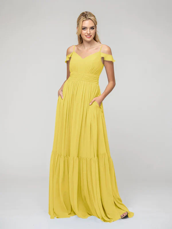 Bridesmaid Dresses Chiffon Pleated Bodice Cold Shoulder Tie Back Elegant Wedding Party