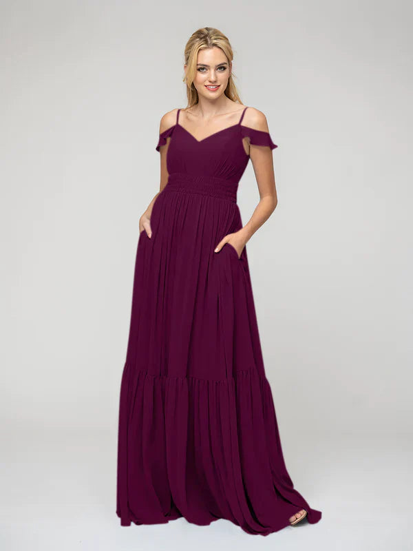 Bridesmaid Dresses Chiffon Pleated Bodice Cold Shoulder Tie Back Elegant Wedding Party