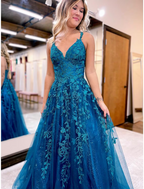 Ball Gown A-Line Prom Dresses Sparkle Shine Dress Formal Floor Length Sleeveless V Neck Tulle Backless with Glitter Appliques