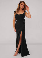 Alluring Bridesmaid Dress with Ruffled Straps, Lace-Up Back and Side Slit