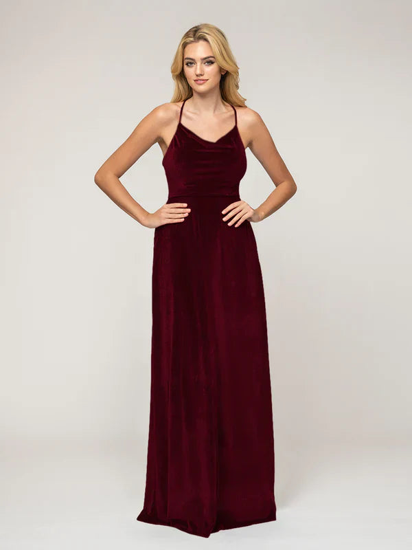 Velvet Cowl Neck Bridesmaid Dresses With Crisscross Back For Glamorous Wedding Party