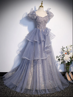Ball Gown Quinceanera Dresses Princess Dress Performance Floor Length Short Sleeve Square Neck Tulle with Crystals Ruffles