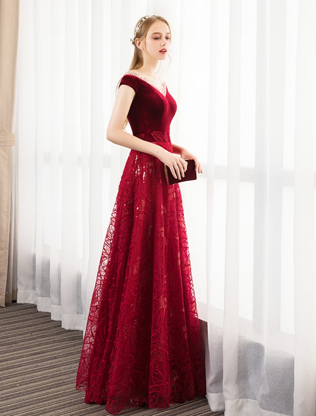 A-Line Prom Dresses Glittering Dress Engagement Floor Length Short Sleeve Jewel Neck Tulle with Pleats Crystals Pattern Print