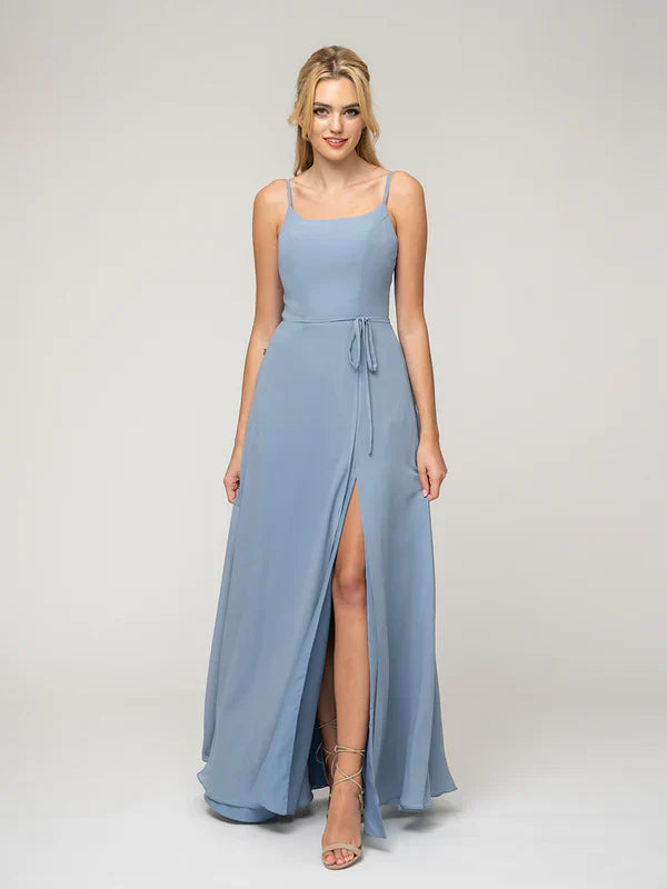 Bridesmaid Dresses A Line Chiffon With Belt Slit Scoop Neckline Elegant For Bridesmaids