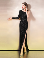 Evening Gown Sparkle Dress Wedding Guest Floor Length Sleeveless One Shoulder Sequined with Slit