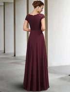 A-Line Mother of the Bride Dress Elegant Floor Length Chiffon Lace Short Sleeve Appliques Ruching