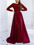 A-Line Evening Gown Sparkle & Shine Black Dress Plus Size Formal Fall Sweep / Brush Train Long Sleeve Jewel Neck Sequined with Glitter Pleats