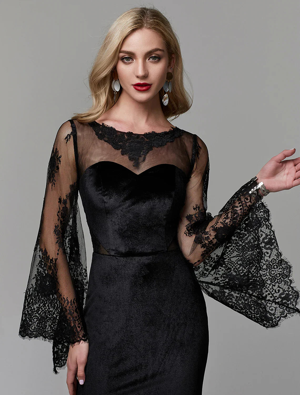 Elegant Dress Wedding Guest Floor Length Long Sleeve Lace