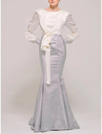 Mermaid / Trumpet Mother of the Bride Dress Wedding Guest Party Scoop Neck Sweep / Brush Train Stretch Satin Long Sleeve with Bow(s) Ruching