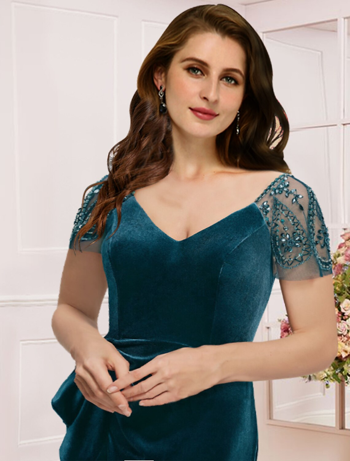 Plus Size Curve Mother of the Bride Dress Formal Vintage Elegant V Neck Lace Velvet Short Sleeve with Sequin Ruffles Split Front