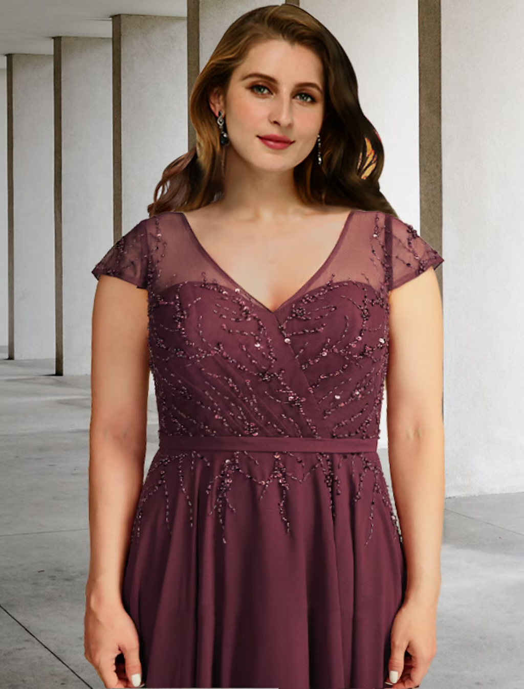 A-Line Plus Size Curve Mother of the Bride Dresses Elegant Dress Formal Floor Length Short Sleeve V Neck Chiffon with Pleats Beading