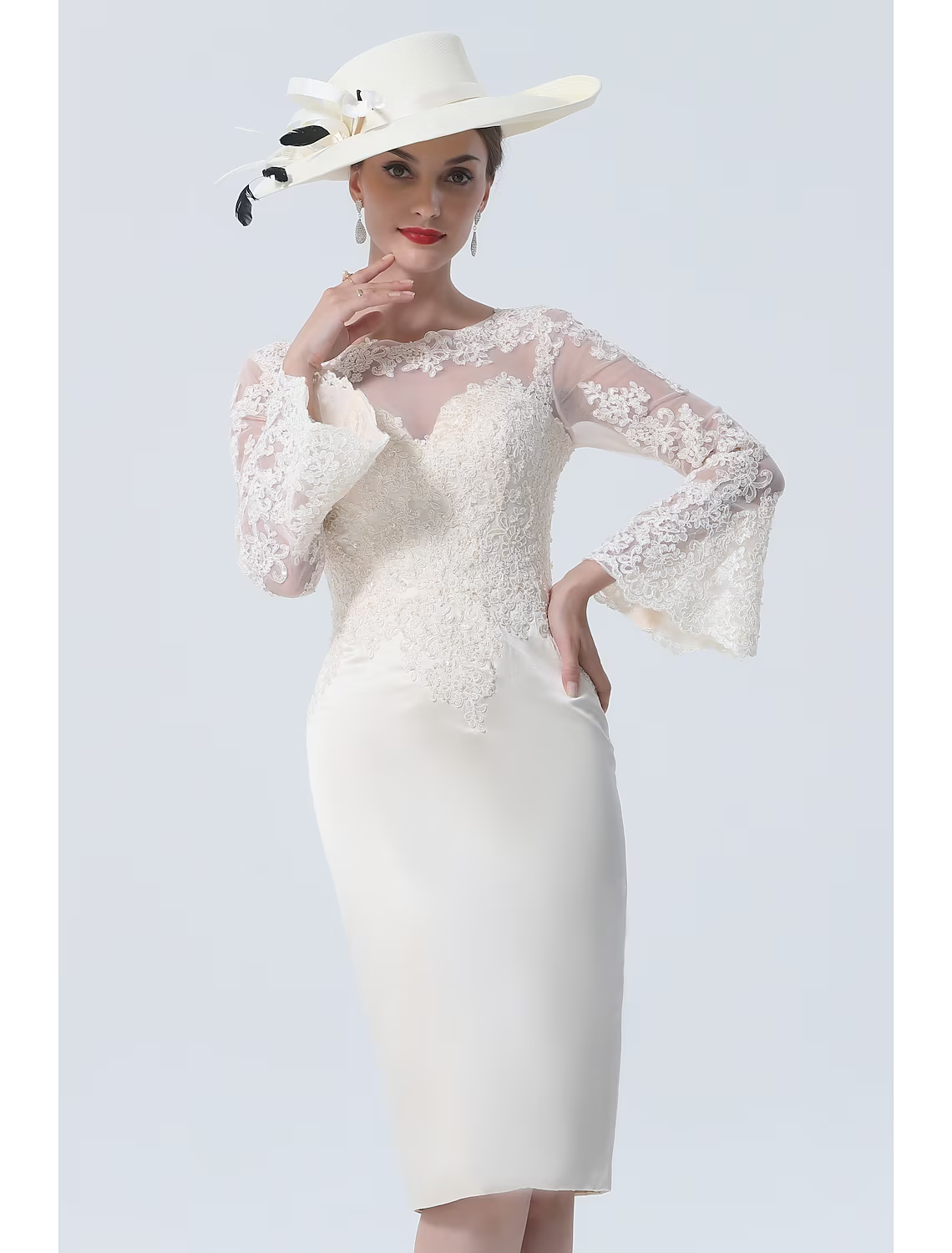 Mother of the Bride Dress Vintage Plus Size Elegant Knee Length Satin Lace Long Sleeve with Lace