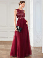 A-Line Party Dresses Elegant Dress Wedding Guest Floor Length Sleeveless Tulle with Sequin