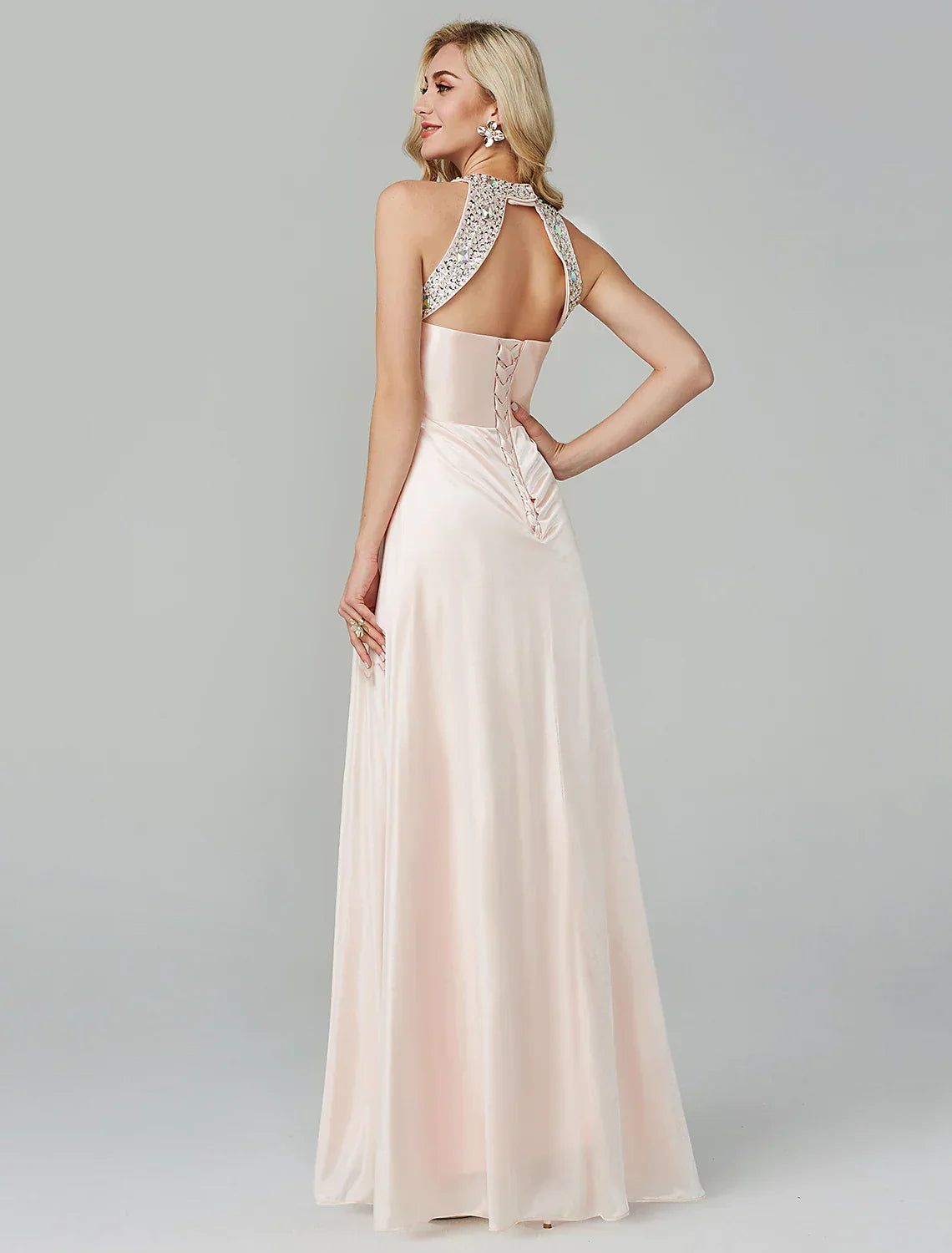 A-Line Little Black Dress Dress Party Wear Floor Length Sleeveless Silk Backless with Crystals Sequin