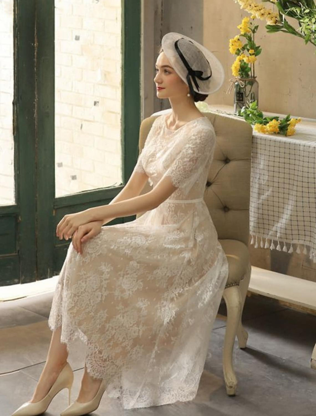 Bridal Little White Dresses Wedding Dresses A-Line Half Sleeve Lace With Sash Ribbon Appliques
