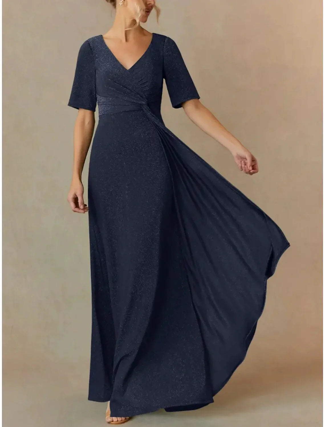A Line Mother Of The Bride Dress Elegant V Neck Floor Length Chiffon Short Sleeve Ruching Gown