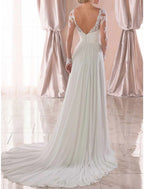 A-Line Prom Dresses Elegant Dress Wedding Guest Wedding Party Sweep / Brush Train Long Sleeve V Neck Chiffon with Appliques