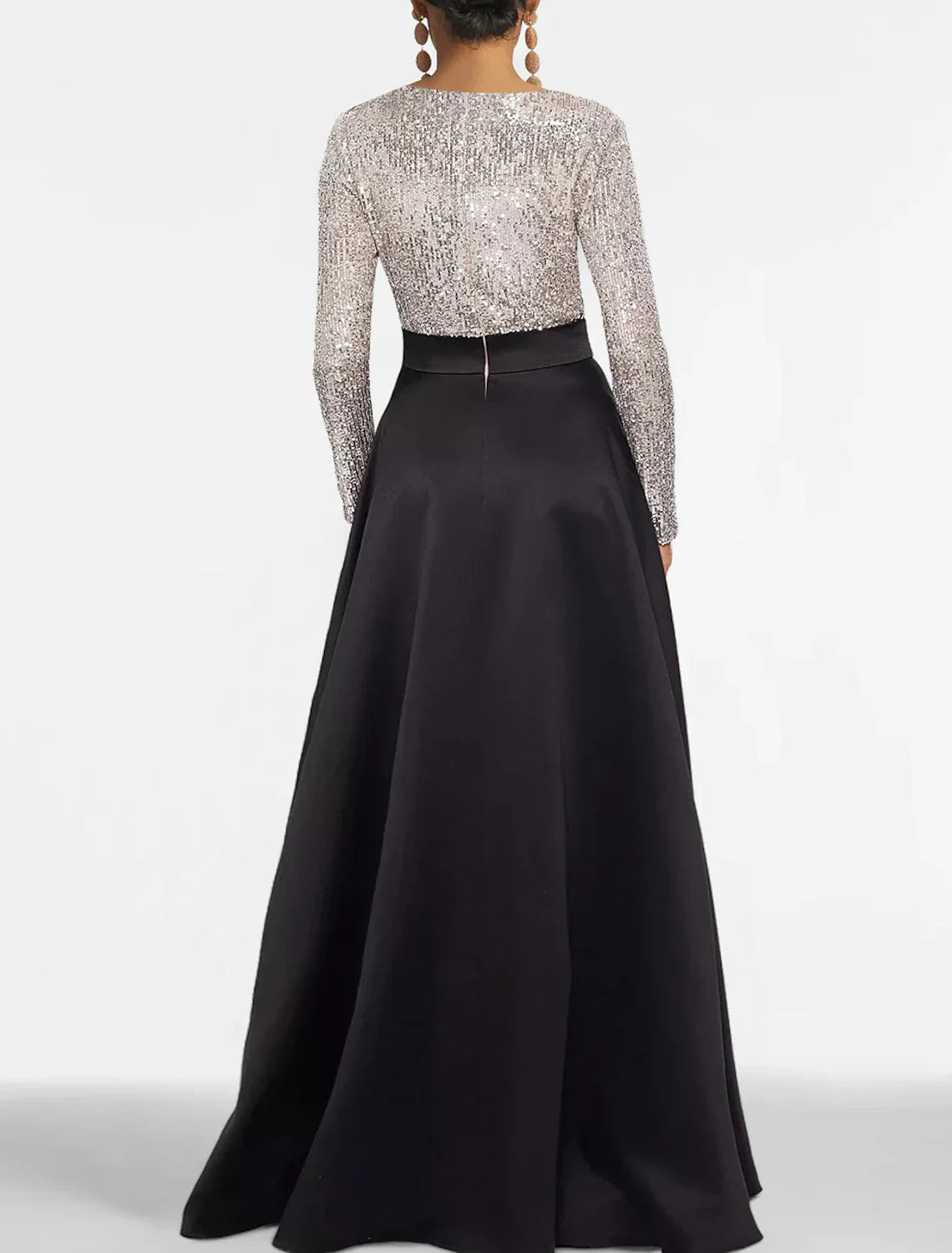 A-Line Evening Gown Black Dress Plus Size Color Block Dress Formal Floor Length Long Sleeve V Neck Fall Wedding Guest Satin with Sequin Pocket
