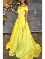 A-Line Prom Dresses Minimalist Dress Formal Sweep / Brush Train Sleeveless Off Shoulder Pocket Stretch Satin Backless with Pleats Ruched Pocket
