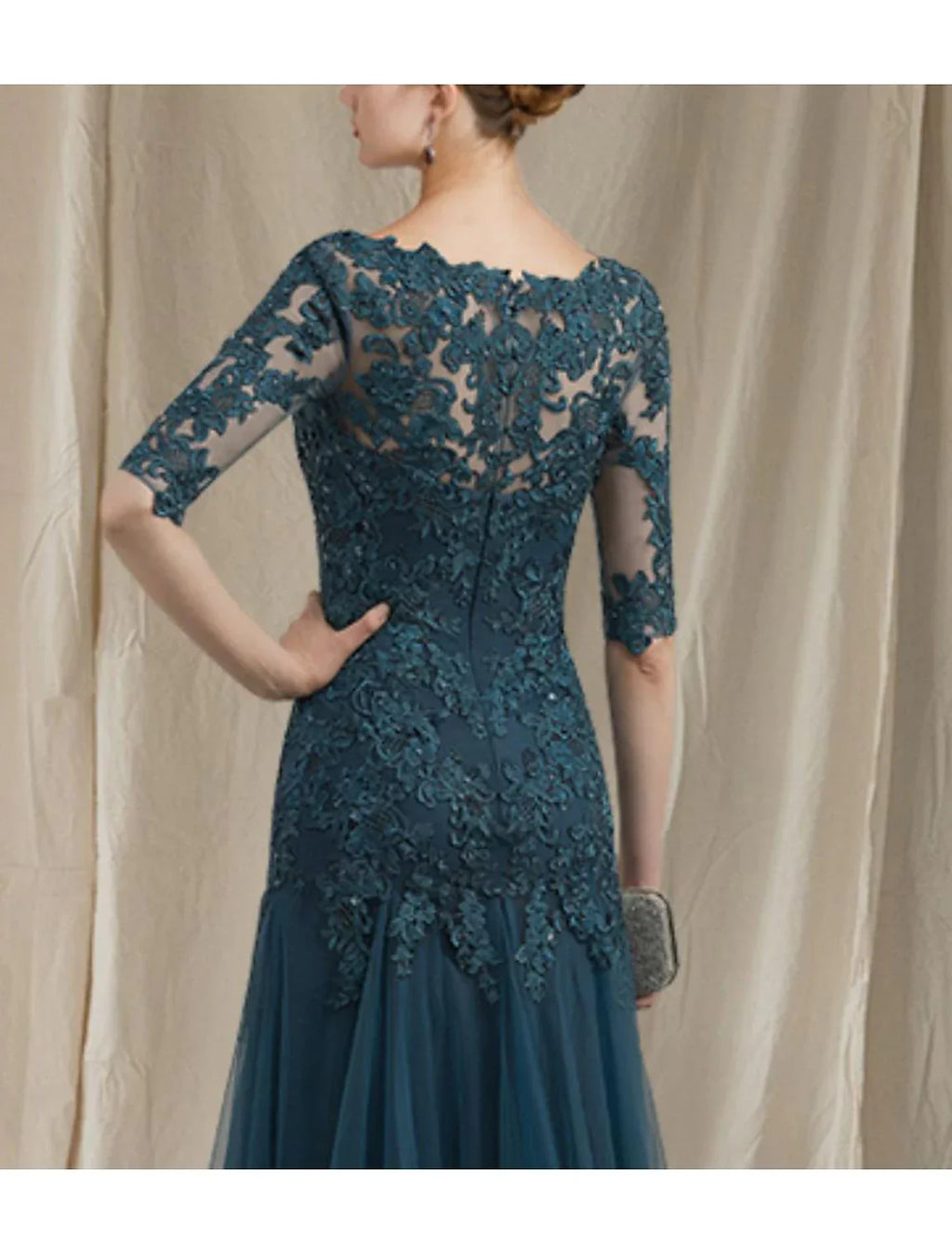 A-Line Mother of the Bride Dress Elegant V Neck Sweep / Brush Train Lace Tulle Half Sleeve No with Ruffles Appliques