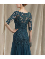 A-Line Mother of the Bride Dress Elegant V Neck Sweep / Brush Train Lace Tulle Half Sleeve No with Ruffles Appliques