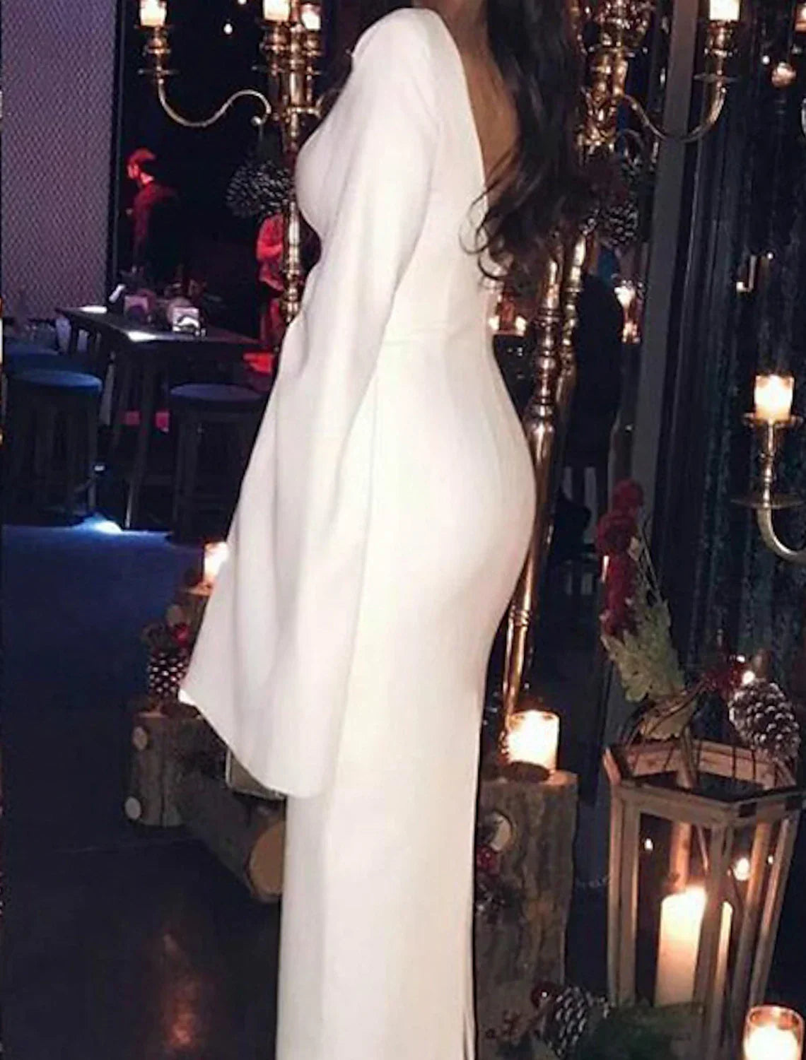 Sheath / Column Cocktail Dresses Party Dress Holiday Tea Length Long Sleeve Jewel Neck Fall Wedding Guest Jersey Backless