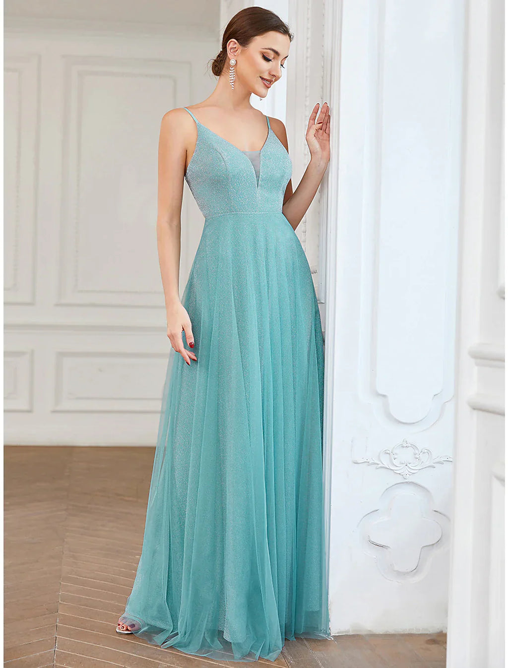 A-Line Prom Dresses Elegant Dress Wedding Guest Floor Length Sleeveless V Neck Tulle with Draping