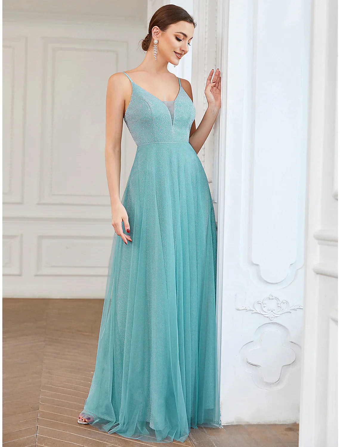 A-Line Prom Dresses Elegant Dress Wedding Guest Floor Length Sleeveless V Neck Tulle with Draping