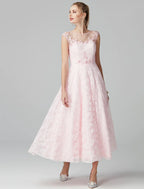 A-Line Prom Dresses Evening Party Ankle Length Short Sleeve Lace Zipper Applique