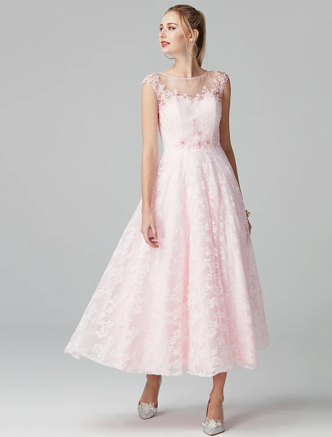 A-Line Prom Dresses Evening Party Ankle Length Short Sleeve Lace Zipper Applique