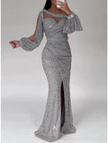 Mermaid Dress Evening Gown Christmas Red Green Dress Formal Sweep / Brush Train Long Sleeve Scoop Neck Sequined with Glitter Ruched Slit