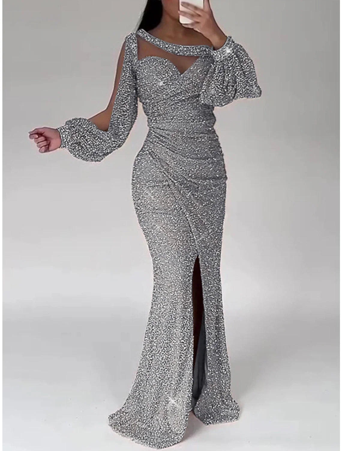 Mermaid Dress Evening Gown Christmas Red Green Dress Formal Sweep / Brush Train Long Sleeve Scoop Neck Sequined with Glitter Ruched Slit