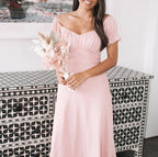 Bridesmaid Dress Sheath V Neck Short Sleeve Pink Tea Length Stretch Chiffon With Ruching For Bridesmaids
