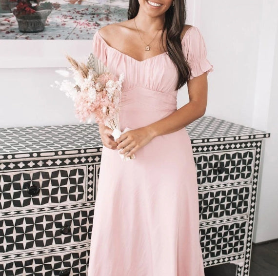 Bridesmaid Dress Sheath V Neck Short Sleeve Pink Tea Length Stretch Chiffon With Ruching For Bridesmaids