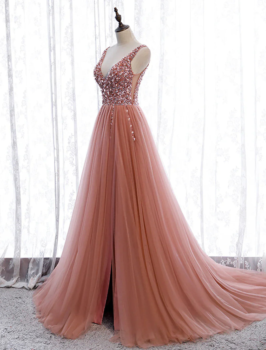 A-Line Prom Dresses Elegant Dress Party Wear Court Train Sleeveless V Neck Polyester with Pearls Embroidery