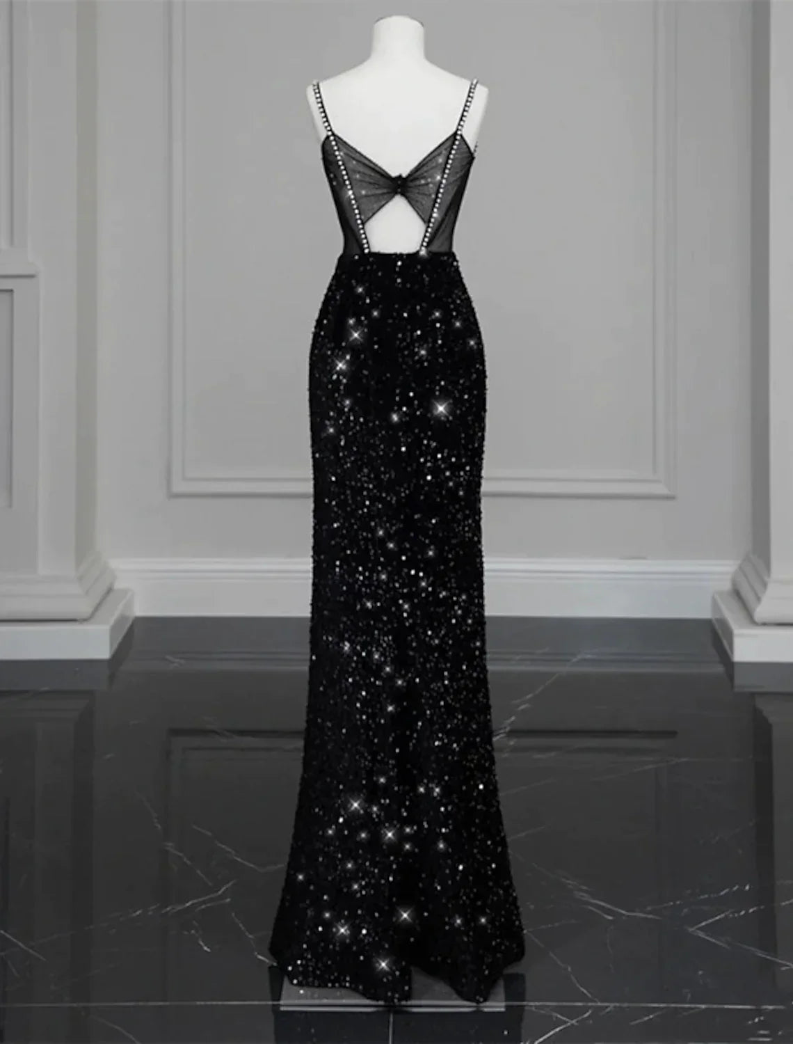 Evening Gown Sexy Dress Formal Floor Length Sleeveless Strap Sequined with Bow(s) Crystals