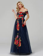 A-Line Prom Dresses Dress Wedding Guest Floor Length Sleeveless Off Shoulder Lace Over Tulle with Embroidery Appliques