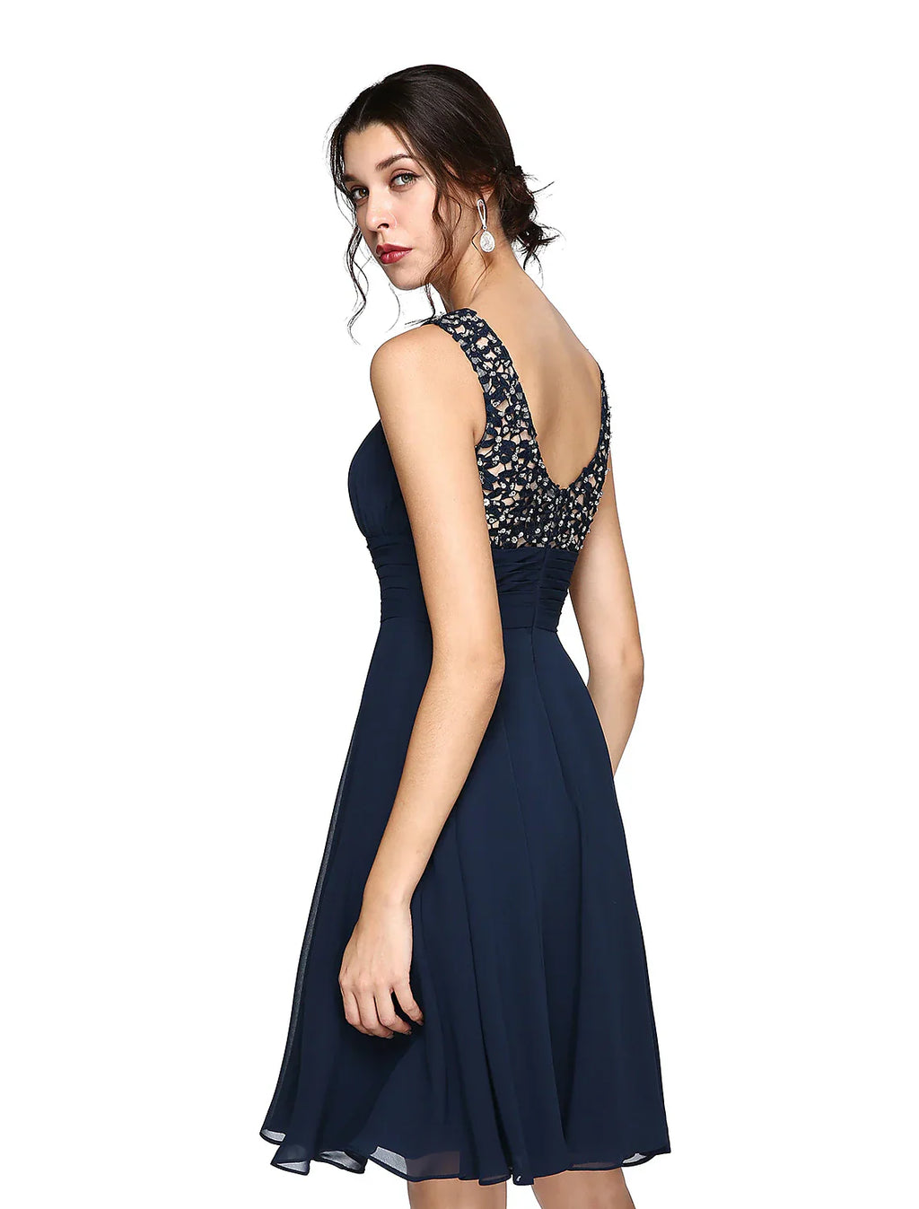 A-Line Cocktail Dresses Party Dress Wedding Guest Cocktail Party Knee Length Sleeveless Illusion Neck Chiffon with Ruched Sequin Lace