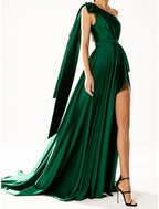 A-Line Evening Gown Elegant Dress Party Wear Wedding Guest Court Train Sleeveless One Shoulder Nylon with Bow(s)