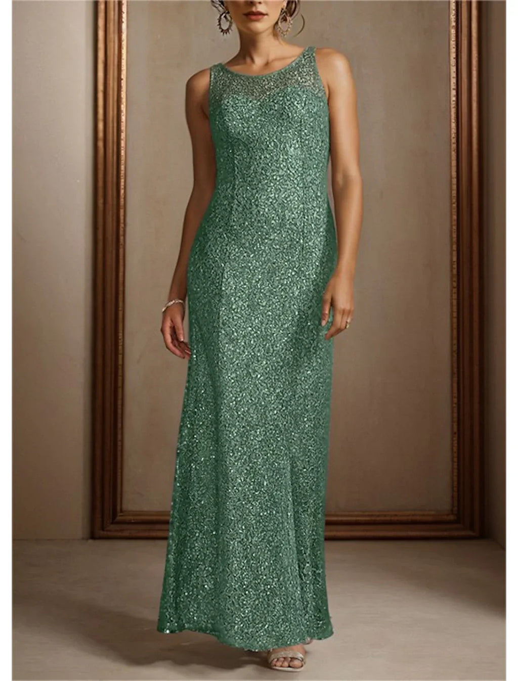 Two Piece Mermaid / Trumpet Mother of the Bride Dress Formal Wedding Guest Elegant Jewel Neck Floor Length Chiffon Sequined 3/4 Length Sleeve Wrap Included with Beading Sequin